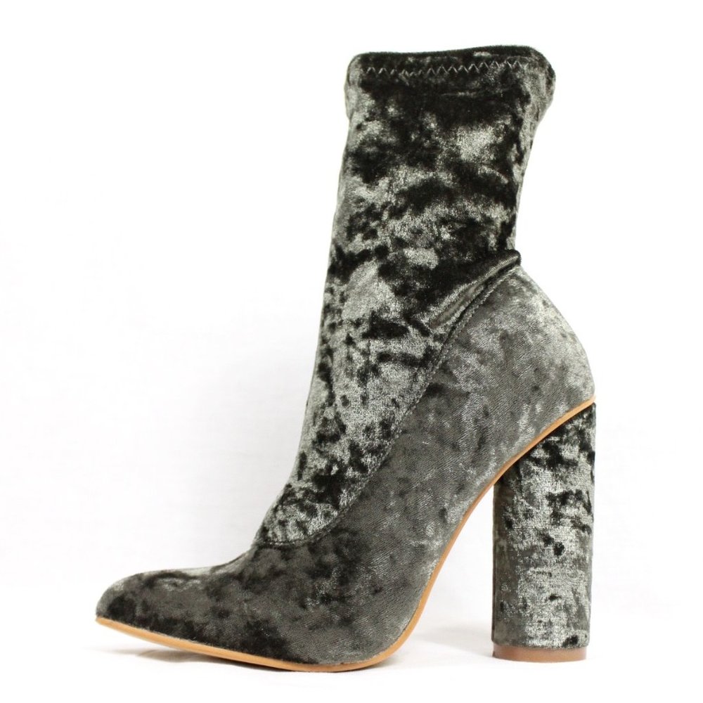 Crushed Velvet Pointy Toe Block Heel Bootie